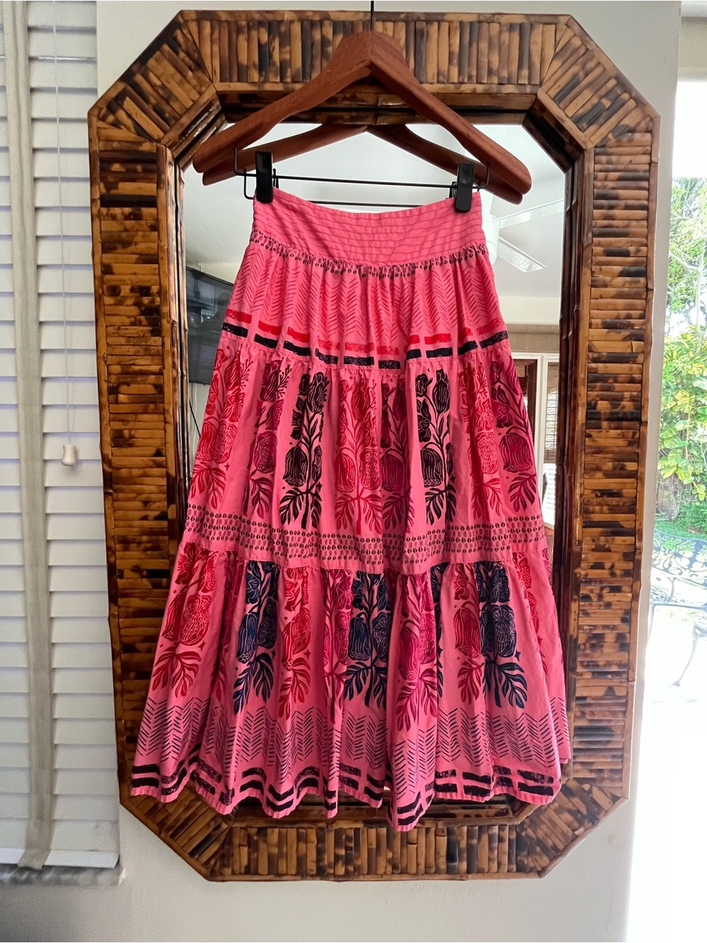 Anthropologie Pink and Black Floral Tiered Maxi Skirt